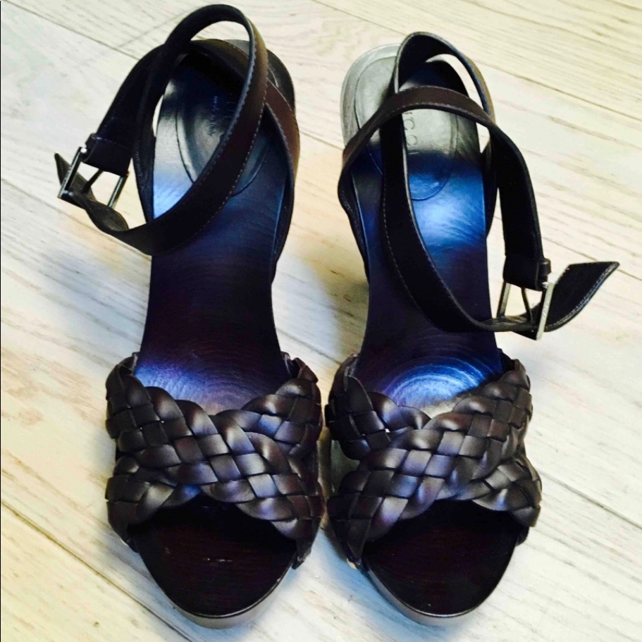 Fabulous Gucci Braided Wooden Heel Size 37.5 Dark Brown